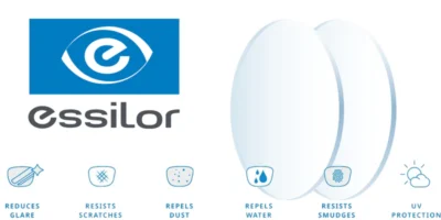 Chất lượng tròng kính Essilor: reduces glare, resists scratches, repels dust, repels water, resists smudges, uv protection