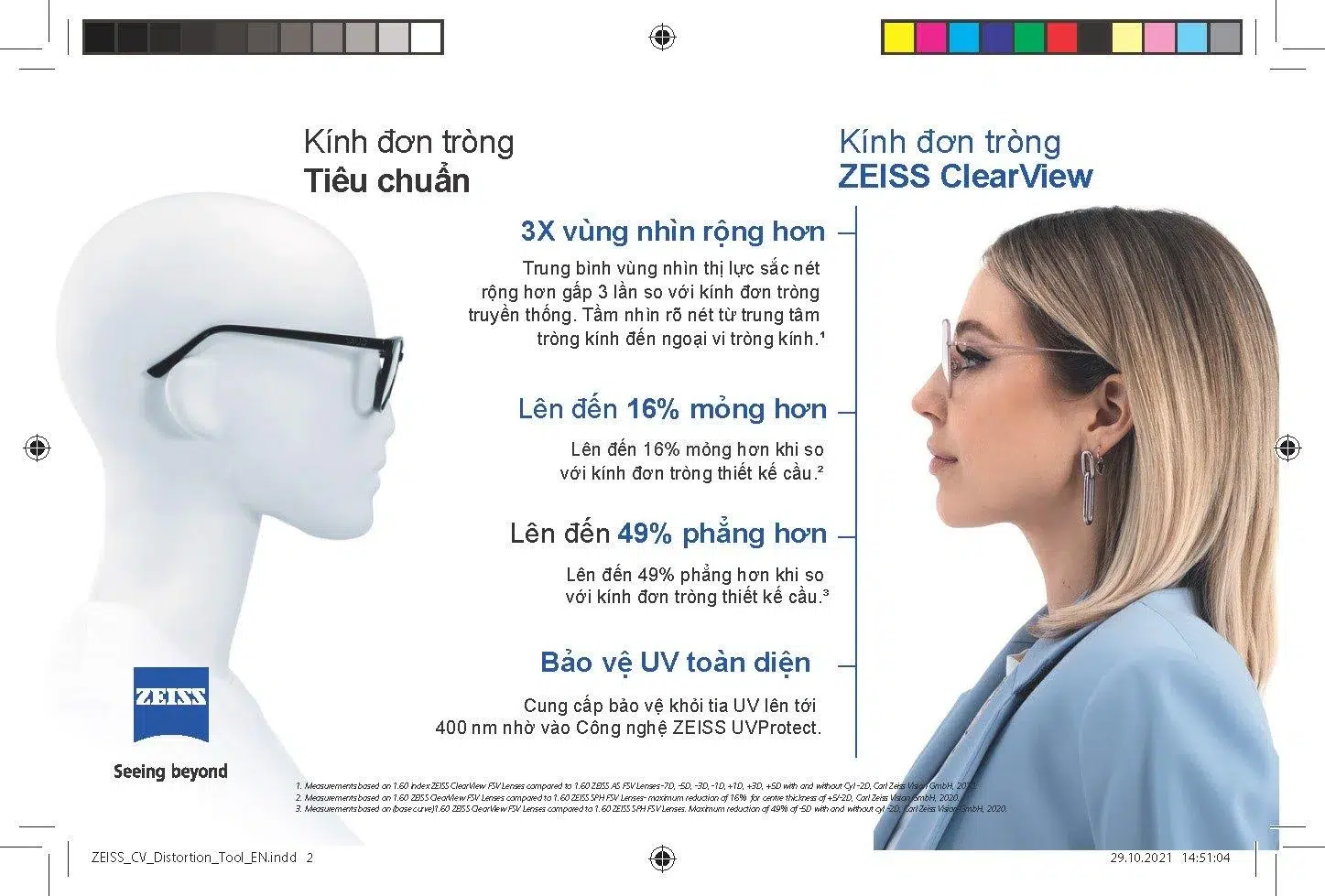 so sánh kính đơn tròng tiêu chuẩn và tròng kính zeiss clearview. điểm khác biệt: gấp 3 lần vùng nhìn rộng hơn, lên đến 16% mỏng hơn, lên đến 49% phẳng hơn, bảo vệ UV toàn diện.