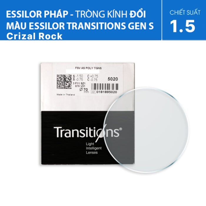Tròng kính đổi màu Essilor Transitions Gen S vàng phủ Crizal Rock – Thế hệ mới nhất 2025