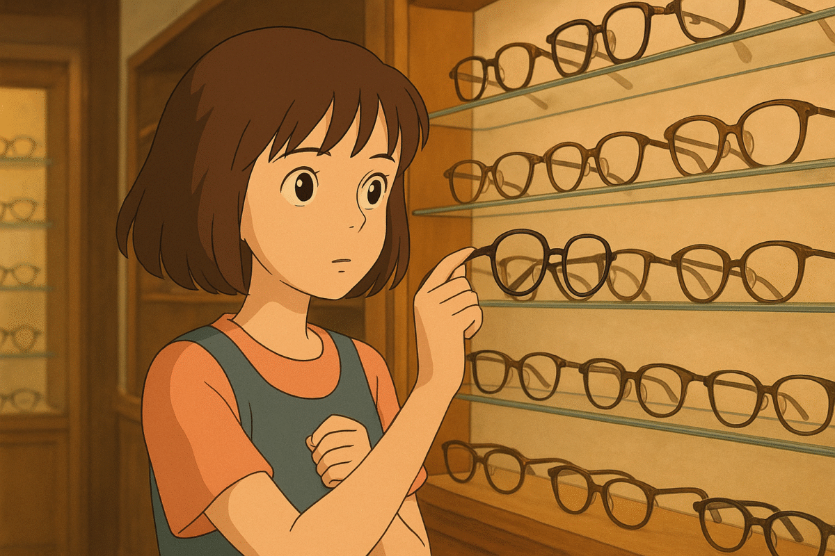 cô gái đang chọn mắt kính, ảnh được tạo bởi AI theo phong cách Ghibli