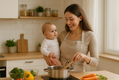 thực phẩm tốt cho mắt trẻ sơ sinh | người mẹ đang nấu ăn