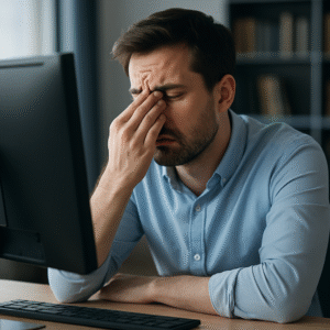 người mệt mỏi do làm việc nhiều với máy tính