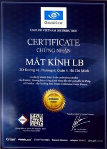 Chứng nhận phân phối chính hãng Essilor của Mắt Kính LB