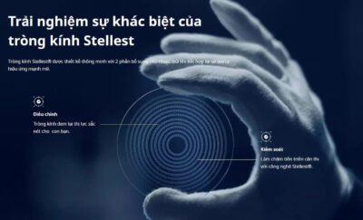bàn tay đang cầm tròng kính Essilor Stellest với dòng chữ: "Trải nghiệm sự khác biệt của tròng kính Stellest"