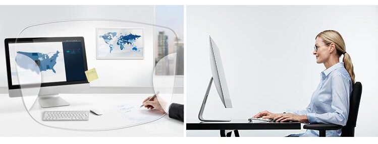 Hình ảnh góc nhìn của người dùng khi nhìn qua tròng Zeiss Office (ảnh bên trái). Hình ảnh người phụ nữ đang nhìn vào màn hình máy vi tính (ảnh bên phải).