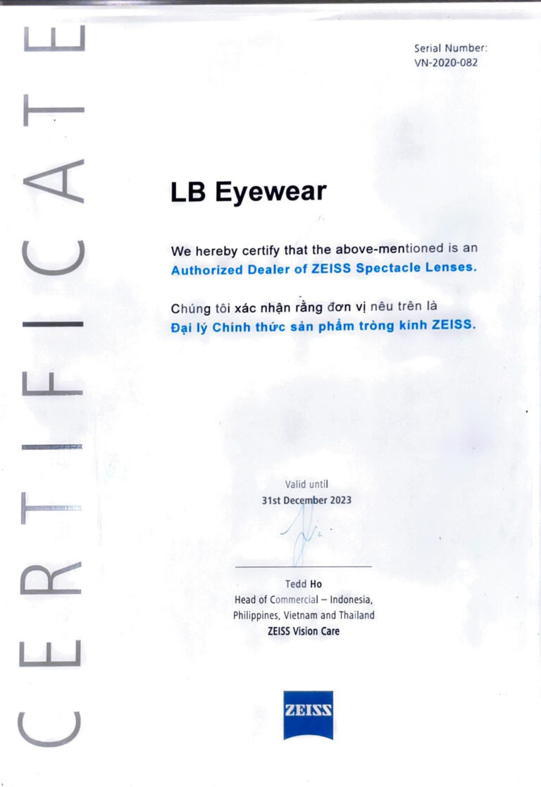 chứng nhận đại lý chính thức sản phẩm tròng kính Zeiss của LB Eyewear